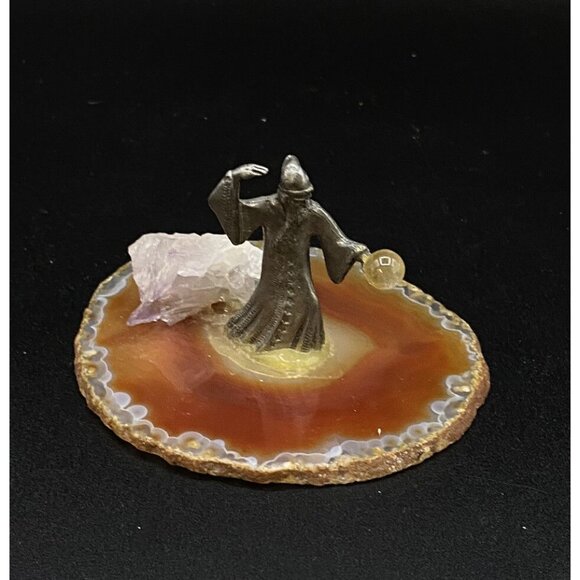 Other - Pewter Wizard Mounted on a Sliced Geode Agate Figurine Crystal Ball